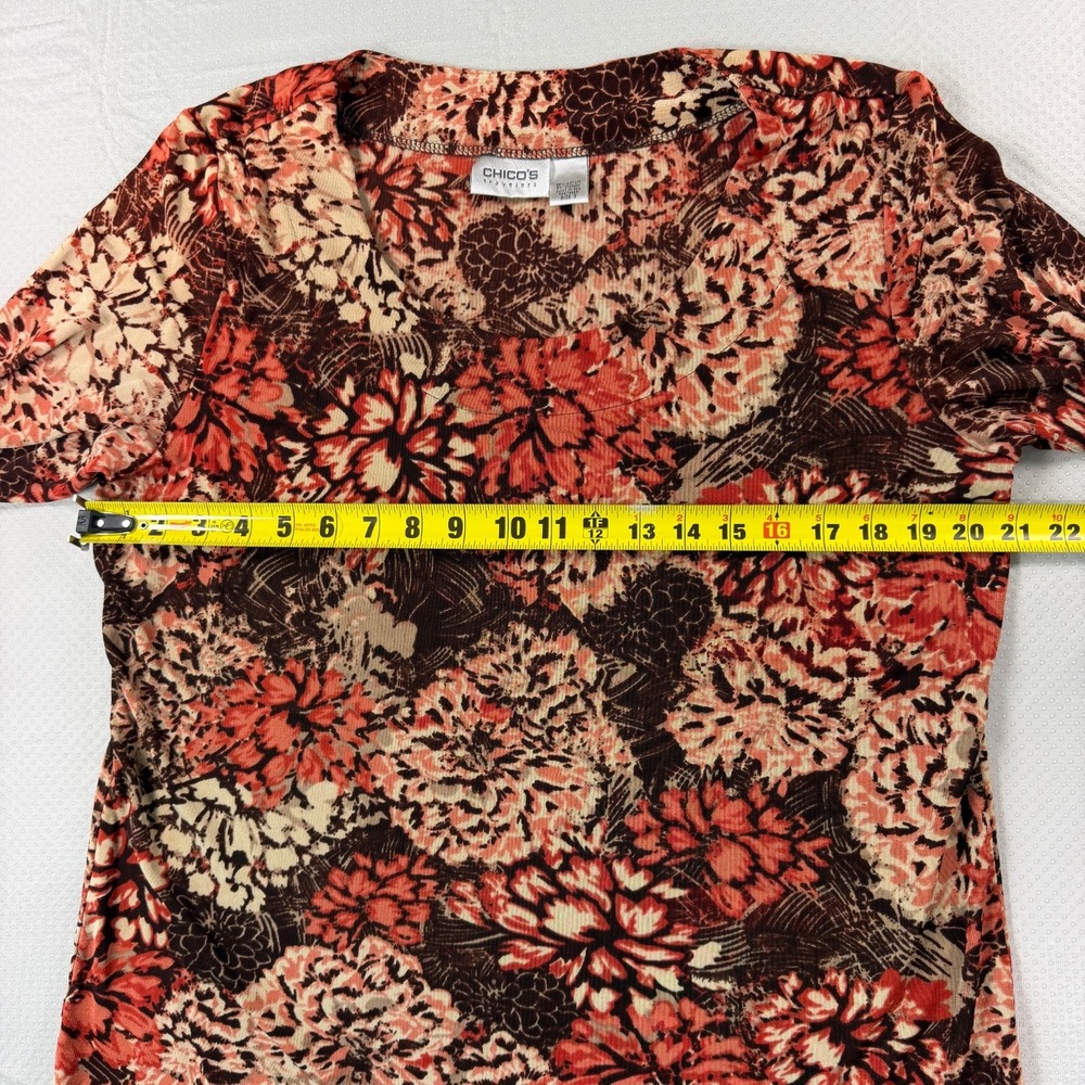 Chico's Travelers Womens Floral Top Size 3 XL 3/4 Sleeve Brown Coral Knit Blouse - Picture 5 of 9